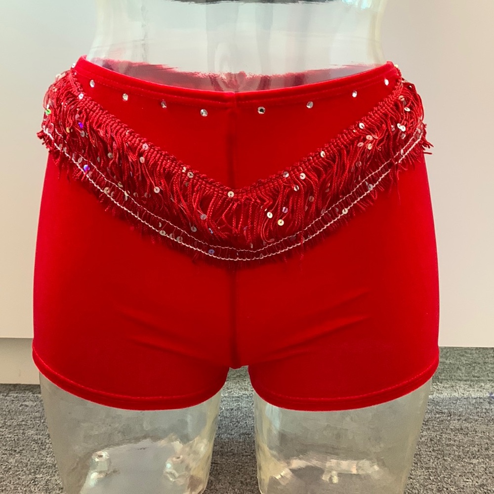 Sequin Fringe Red Stretch Velvet Dance Costume Shorts NWOT